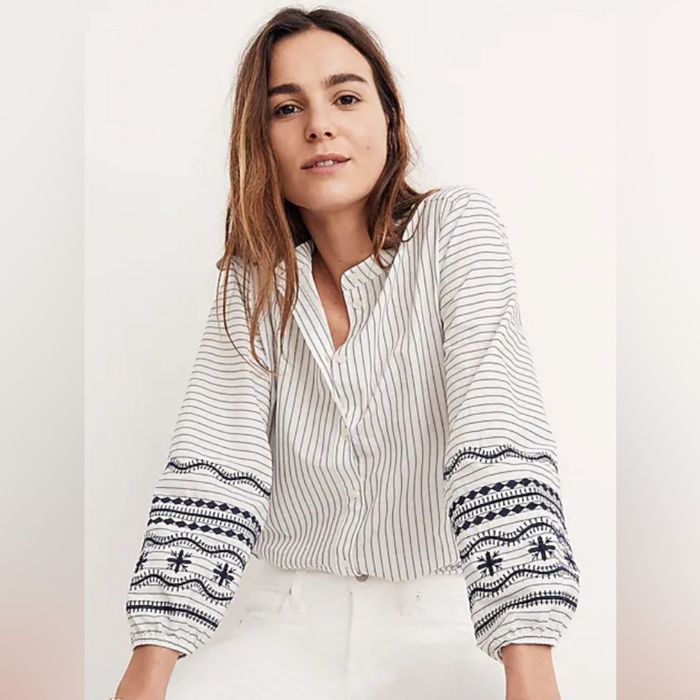 Madewell x J Crew Striped Embroidered-Sleeve Shirt